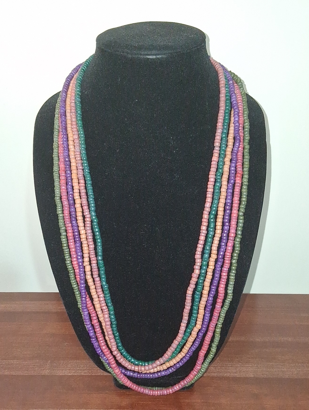 Neutral Earth Pastel Boho Ethnic 6 Strand Wood Beaded Necklace Pink Purple Green